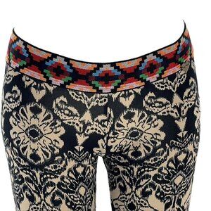 Womens Black & Beige Floral Print Leggings With Multicolor Waistband